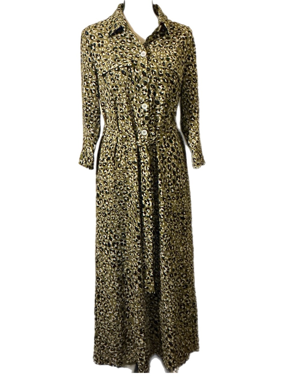 Donna Morgan Olive Size 8 Animal-Print Button-Front Maxi Dress